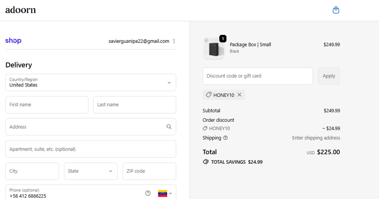 adoorn discount code screenshot showing code HONEY10 applied at adoorn checkout page. Uploaded by SimplyCodes community member alfock22 on Dec 29, 2025