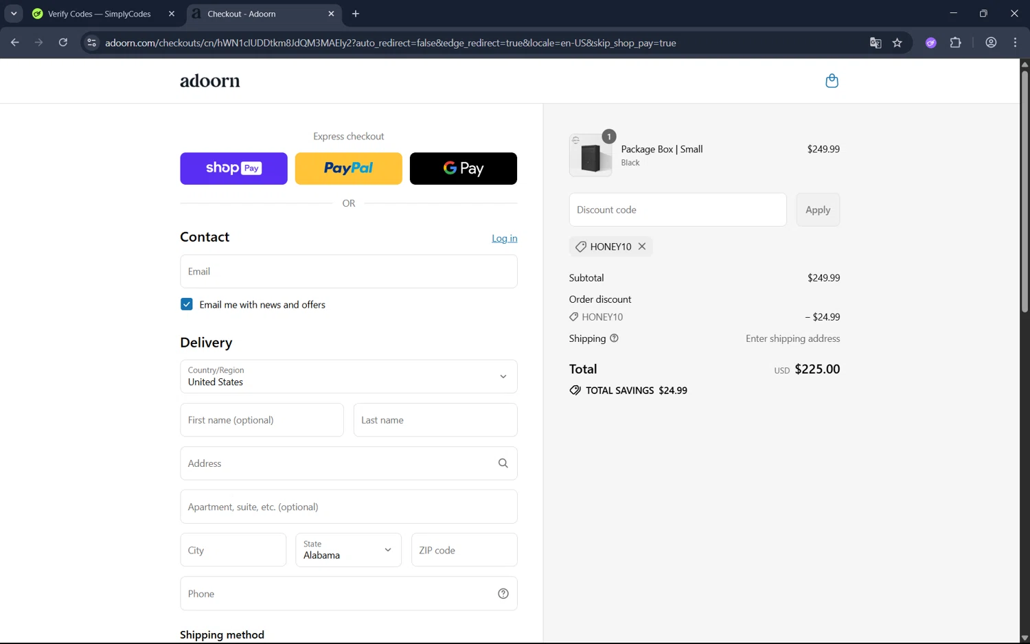 adoorn discount code screenshot showing code HONEY10 applied at adoorn checkout page. Uploaded by SimplyCodes community member juan1702 on Aug 9, 2025