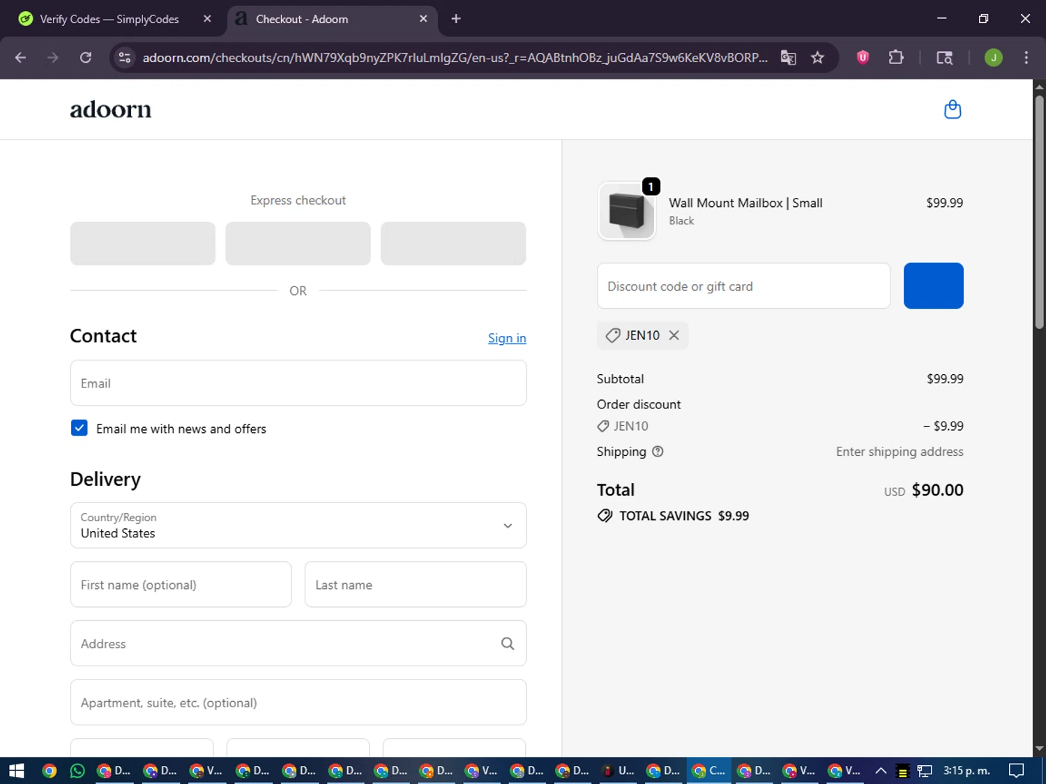 adoorn discount code screenshot showing code JEN10 applied at adoorn checkout page. Uploaded by SimplyCodes community member LilBaby on Jan 2, 2026