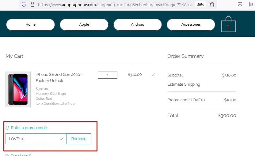 Adopt-A-Phone checkout page showing Adopt-A-Phone promo code box | Screenshot taken by SimplyCodes community member on Aug 6, 2021