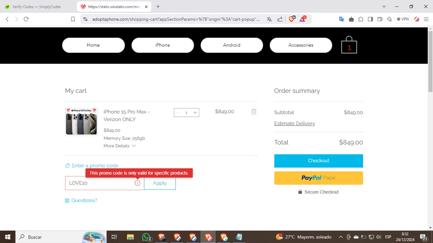 Adopt-A-Phone checkout page showing Adopt-A-Phone promo code box | Screenshot taken by SimplyCodes community member on Dec 24, 2024