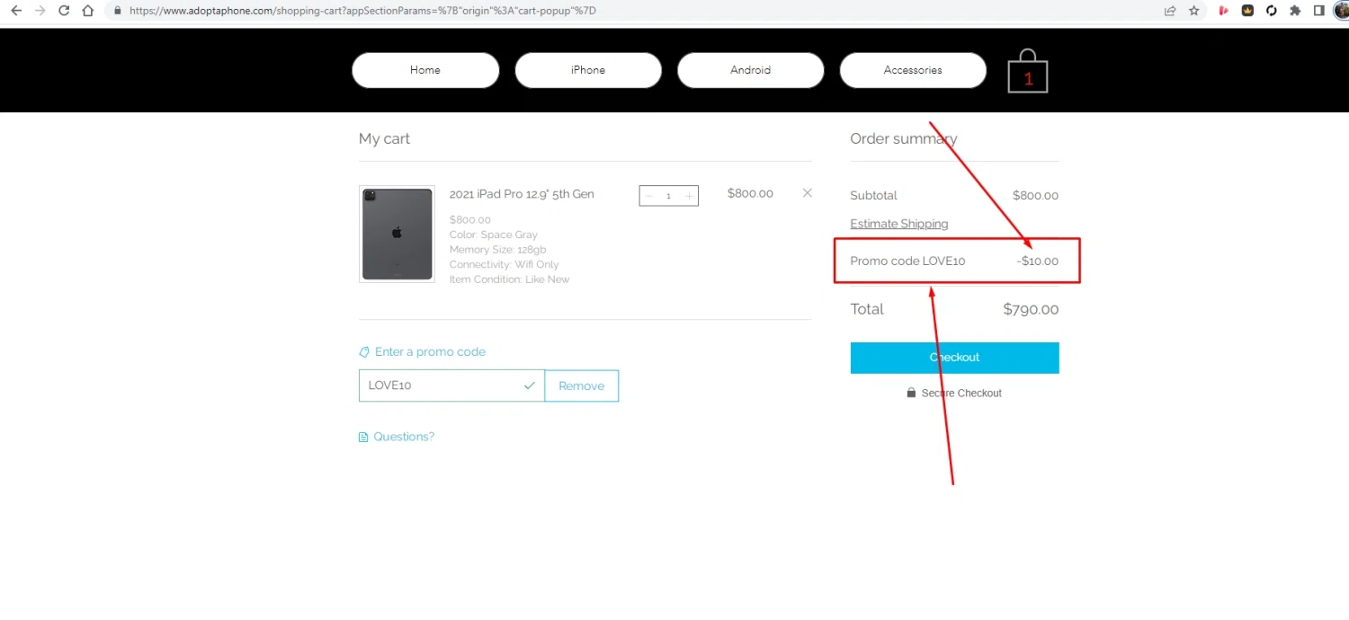 Adopt-A-Phone checkout page showing Adopt-A-Phone promo code box | Screenshot taken by SimplyCodes community member on Oct 16, 2022