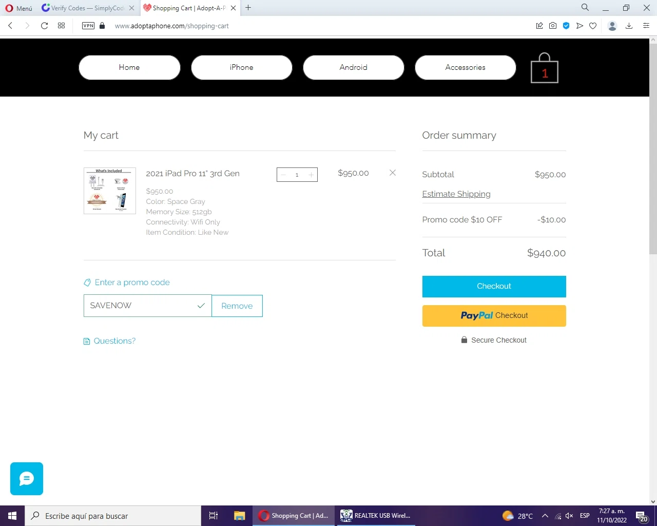 Adopt-A-Phone checkout page showing Adopt-A-Phone promo code box | Screenshot taken by SimplyCodes community member on Oct 11, 2022