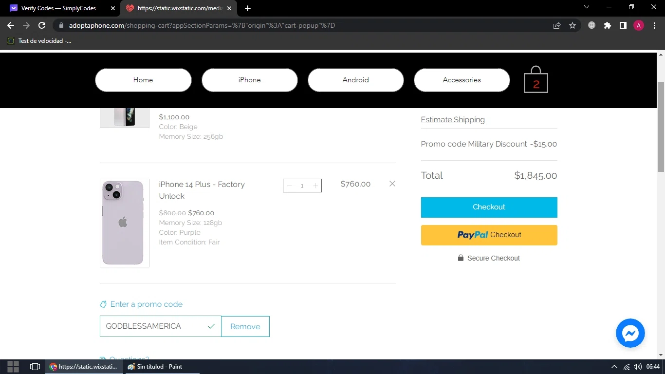 Adopt-A-Phone checkout page showing Adopt-A-Phone promo code box | Screenshot taken by SimplyCodes community member on Jun 7, 2023
