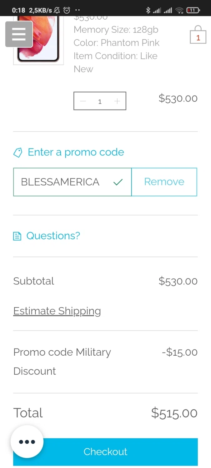 Adopt-A-Phone checkout page showing Adopt-A-Phone promo code box | Screenshot taken by SimplyCodes community member on May 2, 2022