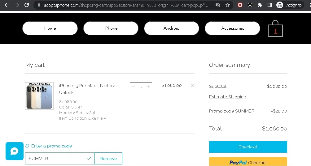 Adopt-A-Phone checkout page showing Adopt-A-Phone promo code box | Screenshot taken by SimplyCodes community member on Sep 16, 2022