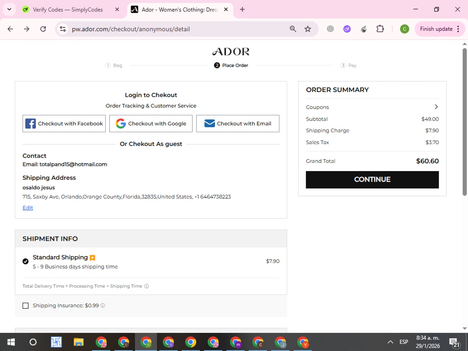 Ador checkout page showing Ador coupon code box | Screenshot taken by SimplyCodes community member on Jan 29, 2026