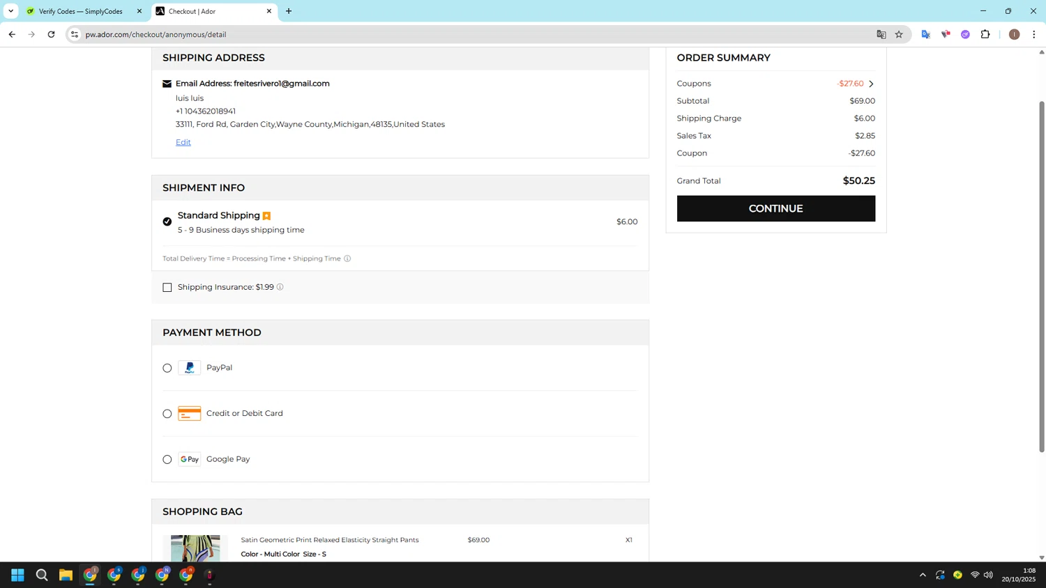 Ador coupon code screenshot showing code ador40 applied at Ador checkout page. Uploaded by SimplyCodes community member CashSleuth106 on Oct 20, 2025