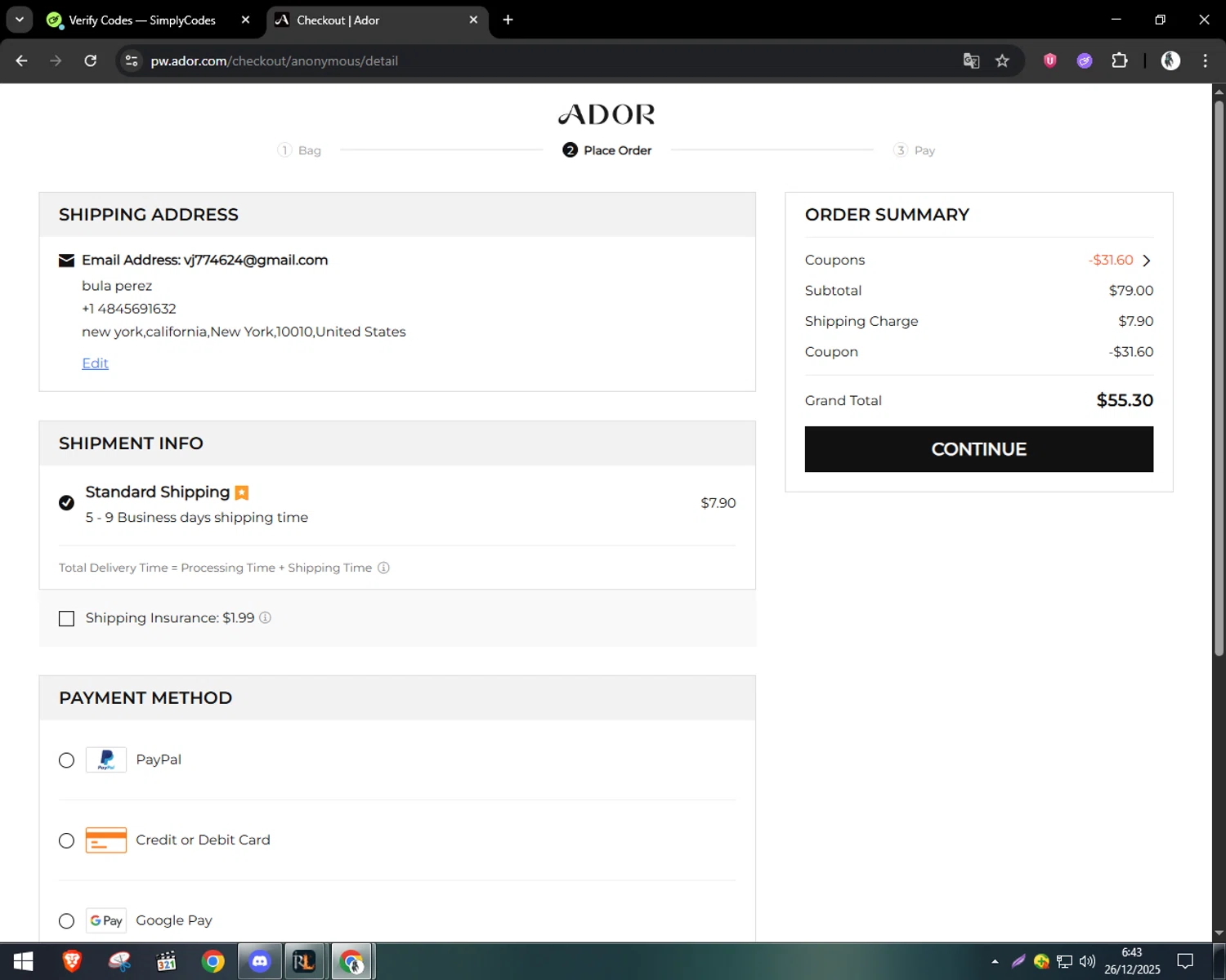 Ador coupon code screenshot showing code ador40 applied at Ador checkout page. Uploaded by SimplyCodes community member CleverSentinel9441 on Dec 26, 2025