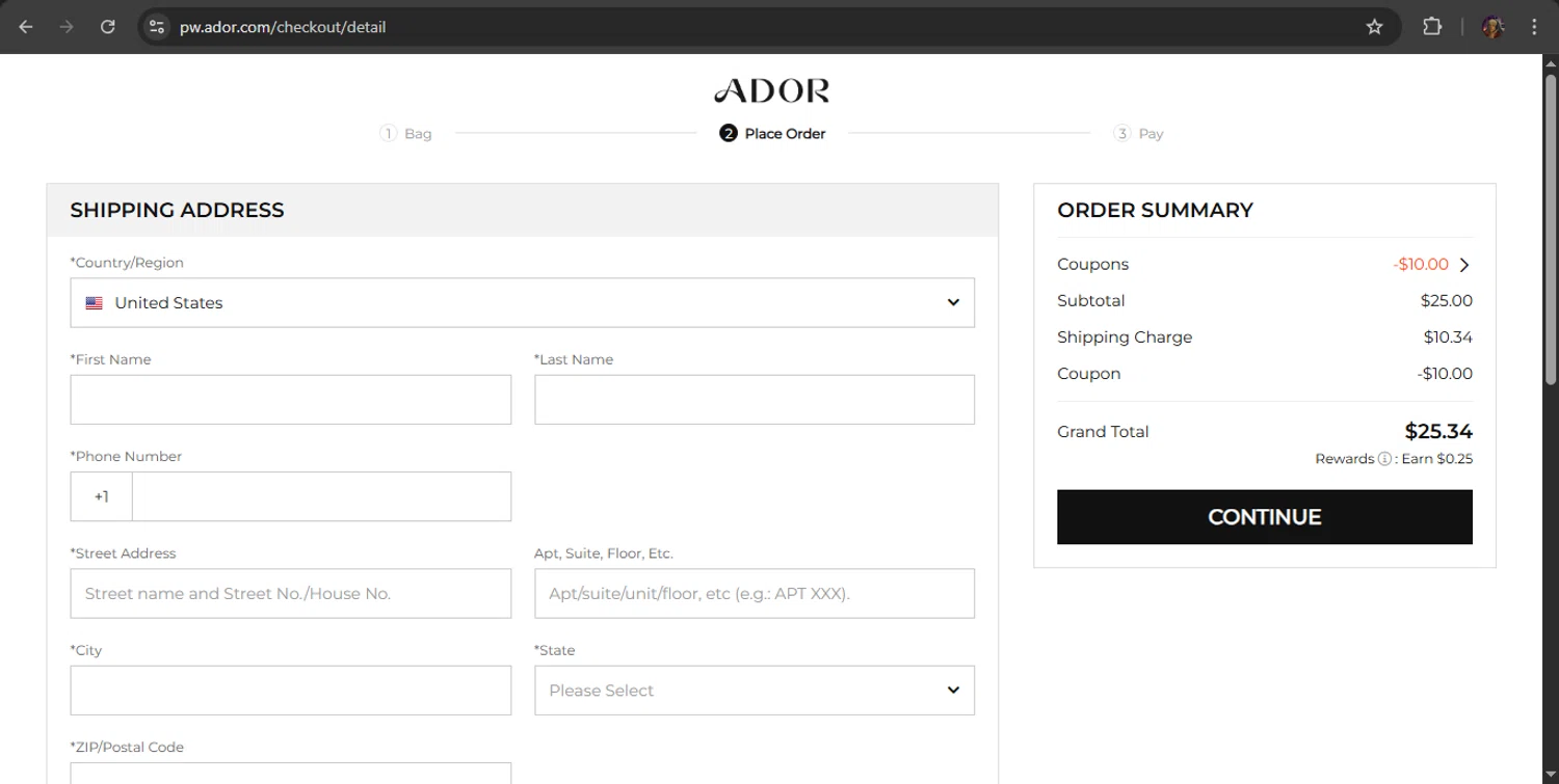 Ador checkout page showing Ador coupon code box | Screenshot taken by SimplyCodes community member on Jan 29, 2026