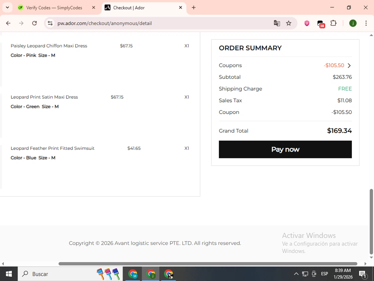 Ador coupon code screenshot showing code EASY40 applied at Ador checkout page. Uploaded by SimplyCodes community member SavingsCollector2592 on Jan 29, 2026