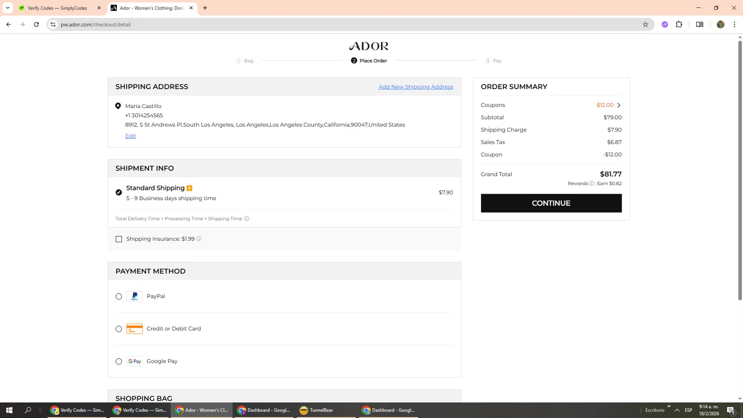 Ador coupon code screenshot showing code FREE1 applied at Ador checkout page. Uploaded by SimplyCodes community member Phoenix585 on Feb 18, 2026