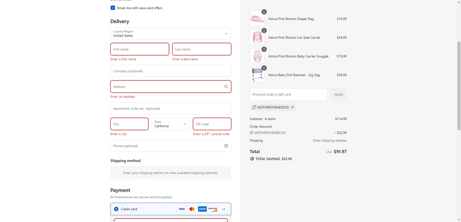 Adora promo code screenshot showing code MOTHEROFBABIES20 applied at Adora checkout page. Uploaded by SimplyCodes community member PromoSeeker7158 on Sep 2, 2025
