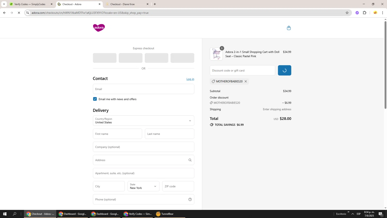Adora promo code screenshot showing code MOTHEROFBABIES20 applied at Adora checkout page. Uploaded by SimplyCodes community member Richard251 on Aug 8, 2025