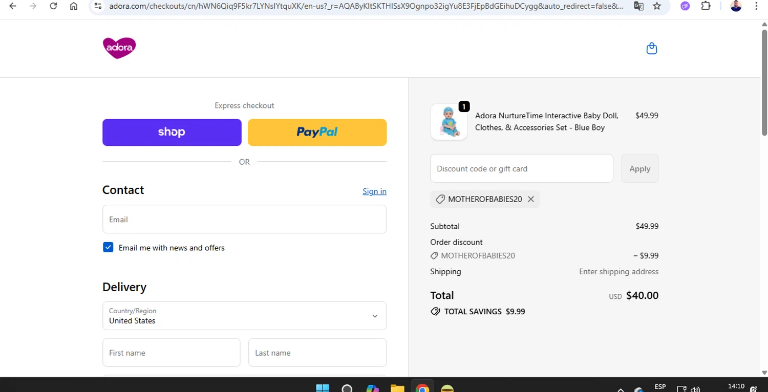 Adora promo code screenshot showing code MOTHEROFBABIES20 applied at Adora checkout page. Uploaded by SimplyCodes community member joseg151520 on Dec 14, 2025