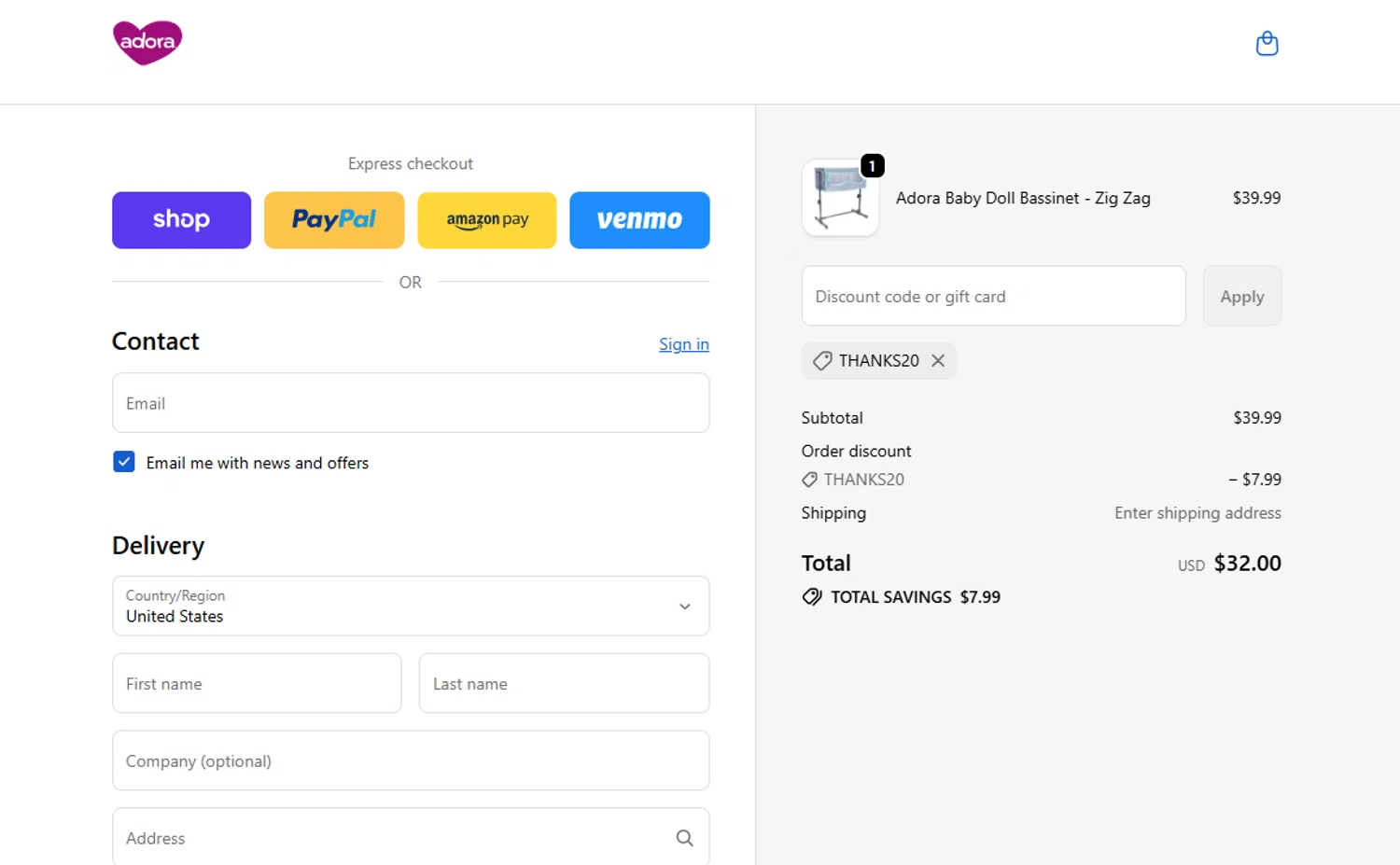 Adora promo code screenshot showing code THANKS20 applied at Adora checkout page. Uploaded by SimplyCodes community member VoucherVirtuoso2520 on Dec 8, 2025