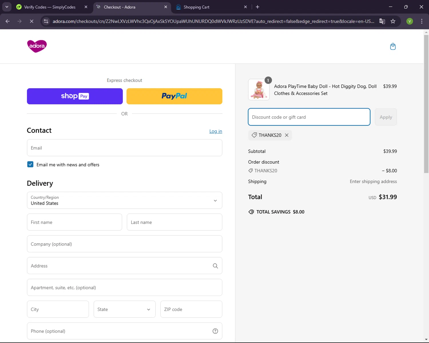 Adora promo code screenshot showing code THANKS20 applied at Adora checkout page. Uploaded by SimplyCodes community member CleverNavigator1236 on Mar 9, 2025