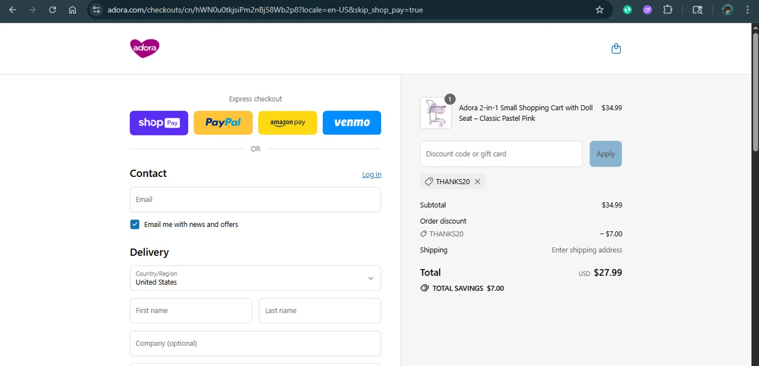 Adora promo code screenshot showing code THANKS20 applied at Adora checkout page. Uploaded by SimplyCodes community member xAngel on Jul 22, 2025