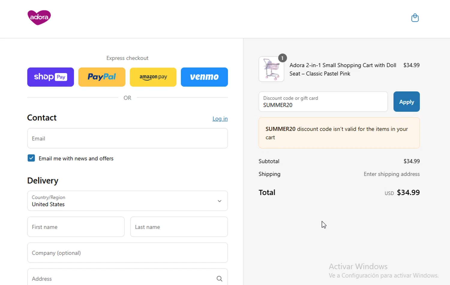 Adora promo code screenshot showing code SUMMER20 applied at Adora checkout page. Uploaded by SimplyCodes community member VictoriousElite9587 on Jun 30, 2025