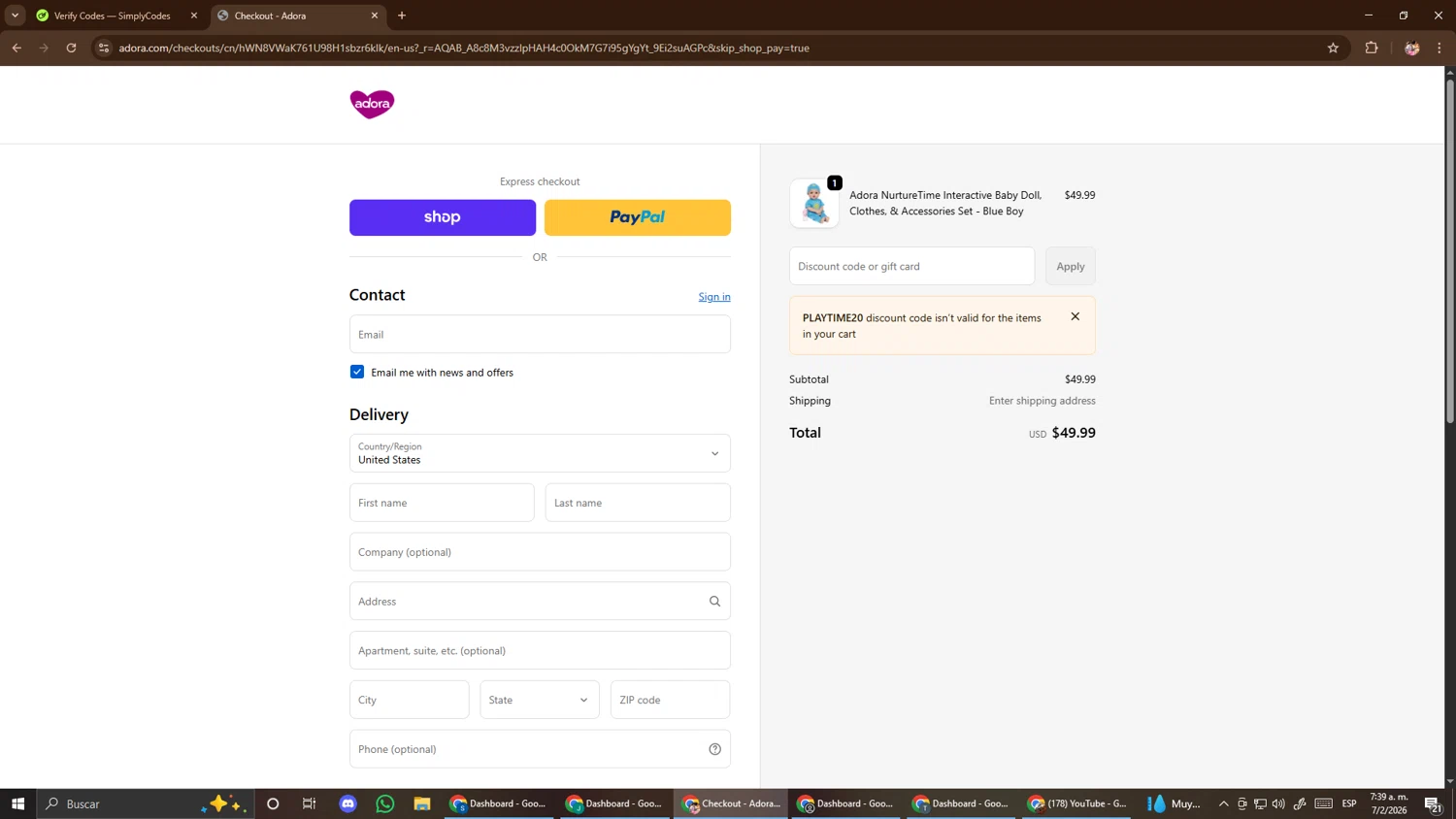 Adora checkout page showing Adora promo code box | Screenshot taken by SimplyCodes community member on Feb 7, 2026