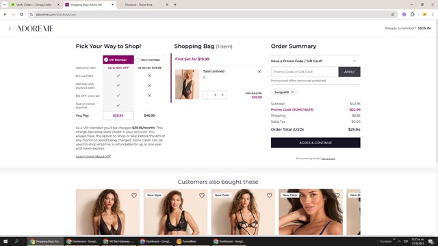 Adore Me checkout page showing Adore Me promo code box | Screenshot taken by SimplyCodes community member on Aug 27, 2025