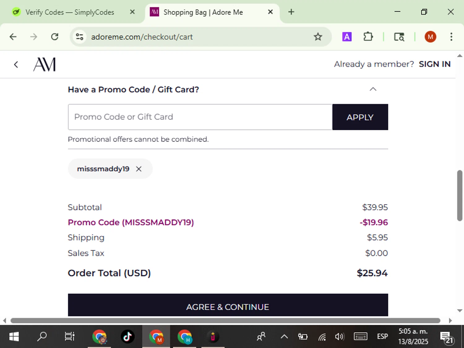 Adore Me promo code screenshot showing code misssmaddy19 applied at Adore Me checkout page. Uploaded by SimplyCodes community member NobleSentinel6058 on Aug 13, 2025