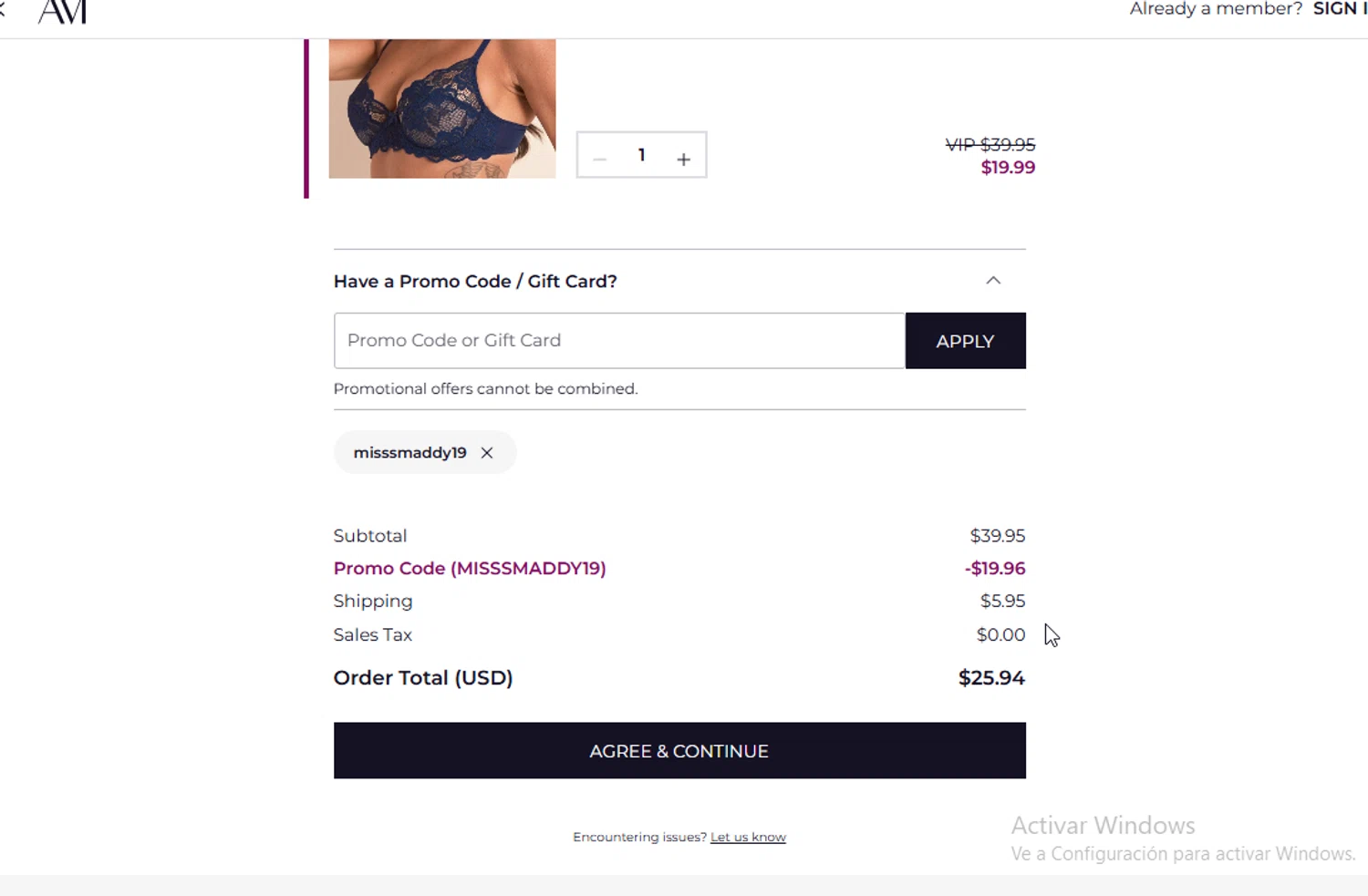 Adore Me promo code screenshot showing code misssmaddy19 applied at Adore Me checkout page. Uploaded by SimplyCodes community member ligthYA on Aug 22, 2025