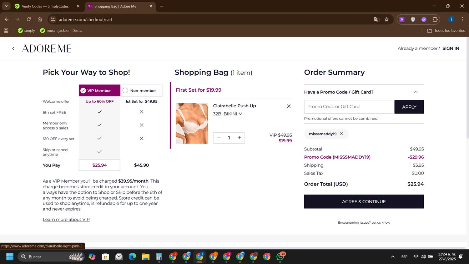 Adore Me promo code screenshot showing code misssmaddy19 applied at Adore Me checkout page. Uploaded by SimplyCodes community member yameteqdasai on Aug 27, 2025