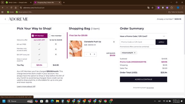 Adore Me checkout page showing Adore Me promo code box | Screenshot taken by SimplyCodes community member on Aug 27, 2025