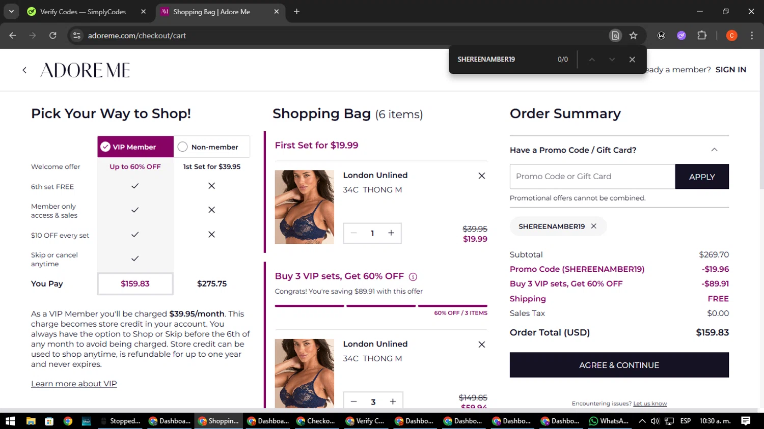 Adore Me promo code screenshot showing code SHEREENAMBER19 applied at Adore Me checkout page. Uploaded by SimplyCodes community member NatanaelCano on Aug 26, 2025