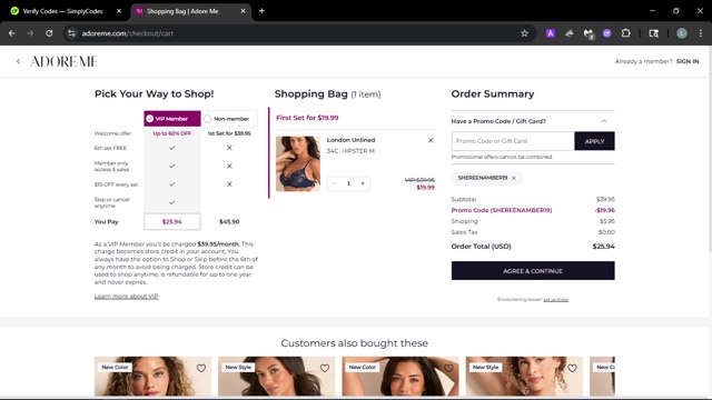 Adore Me checkout page showing Adore Me promo code box | Screenshot taken by SimplyCodes community member on Aug 23, 2025