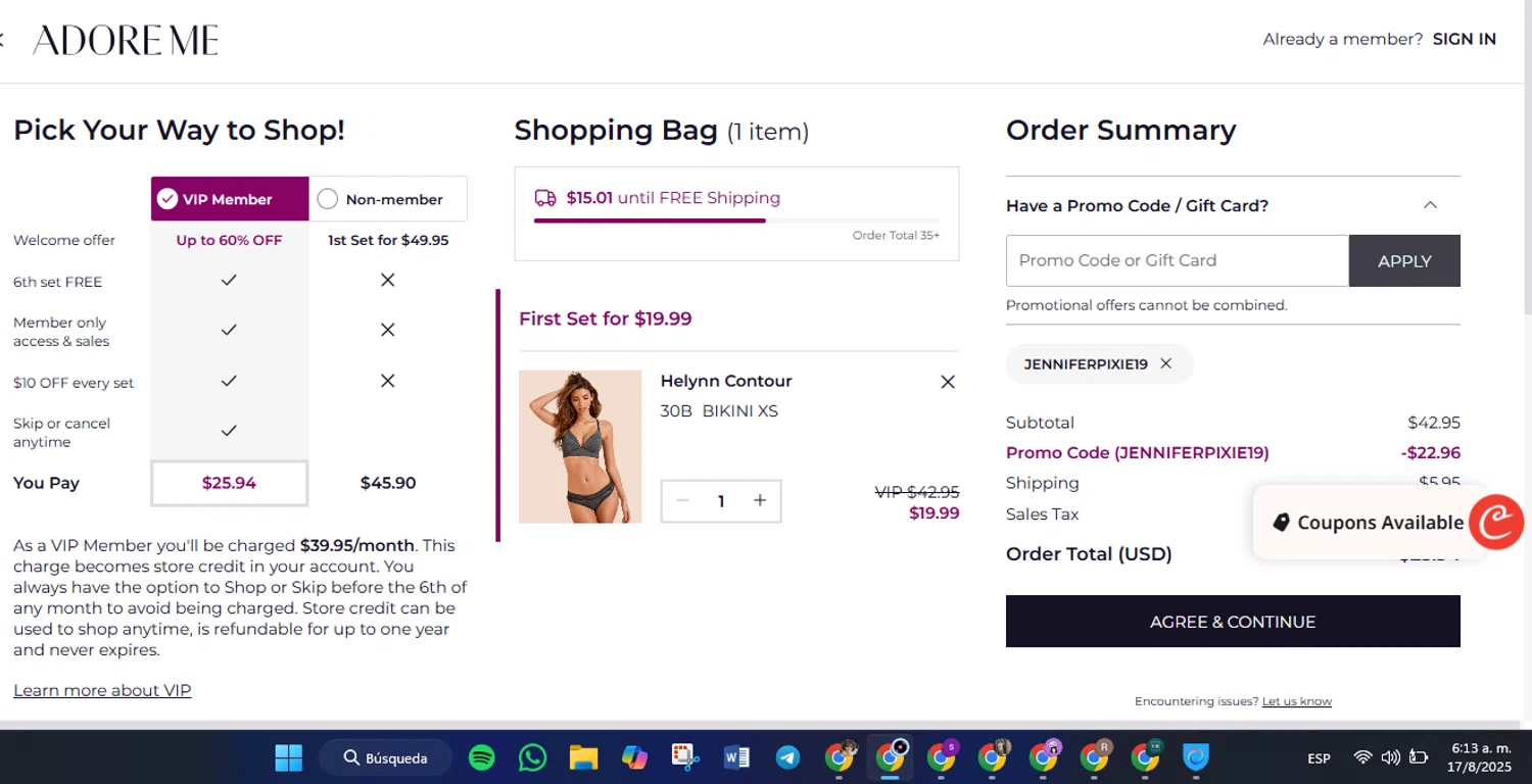 Adore Me promo code screenshot showing code JENNIFERPIXIE19 applied at Adore Me checkout page. Uploaded by SimplyCodes community member FrugalVirtuoso6318 on Aug 17, 2025