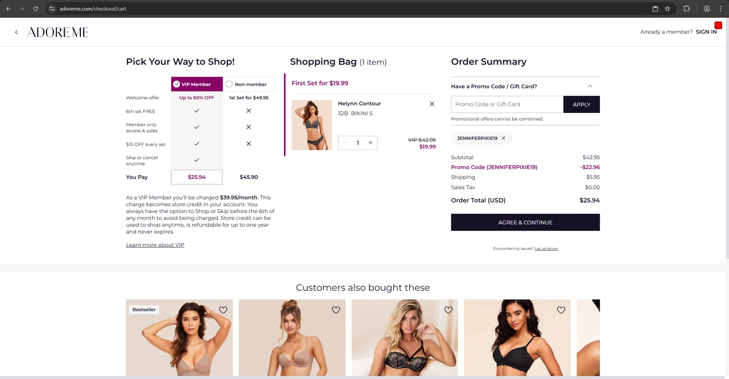 Adore Me promo code screenshot showing code JENNIFERPIXIE19 applied at Adore Me checkout page. Uploaded by SimplyCodes community member luffyreturn on Aug 22, 2025