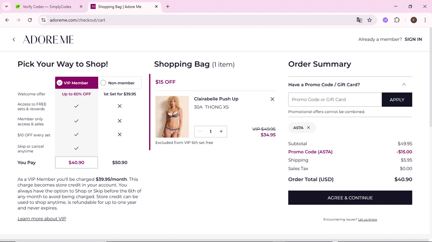 Adore Me promo code screenshot showing code AS7A applied at Adore Me checkout page. Uploaded by SimplyCodes community member BargainShopper1802 on Aug 27, 2025