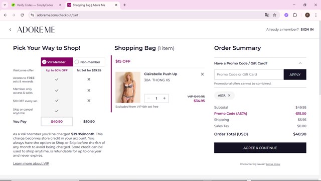 Adore Me checkout page showing Adore Me promo code box | Screenshot taken by SimplyCodes community member on Aug 27, 2025