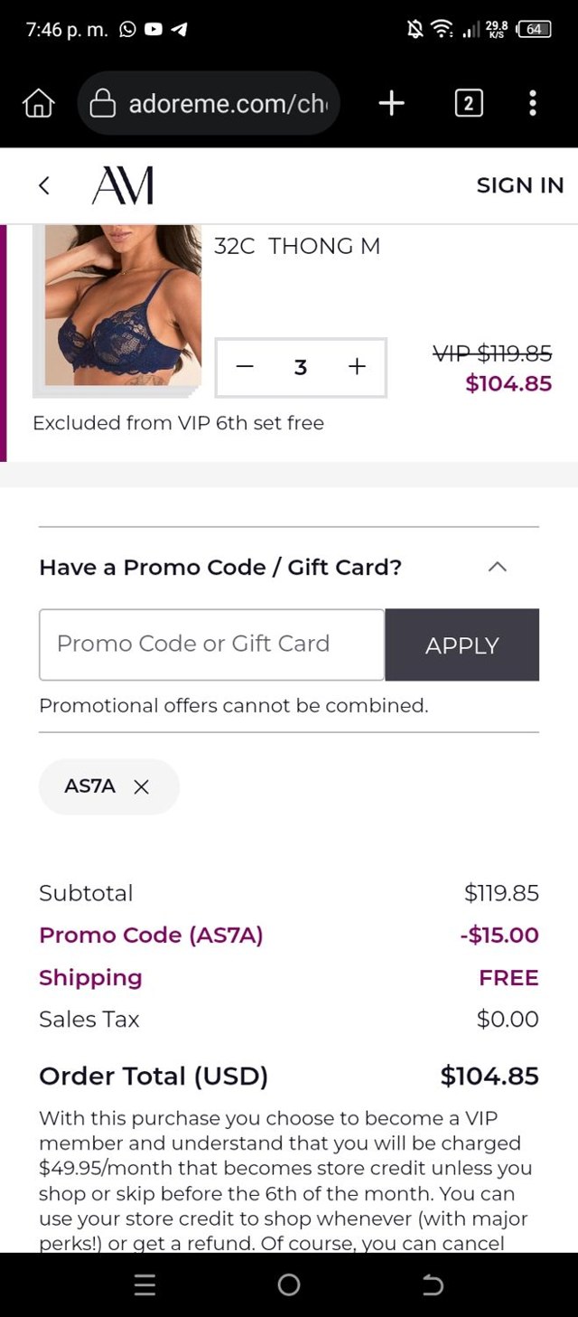 Adore Me checkout page showing Adore Me promo code box | Screenshot taken by SimplyCodes community member on Aug 22, 2025
