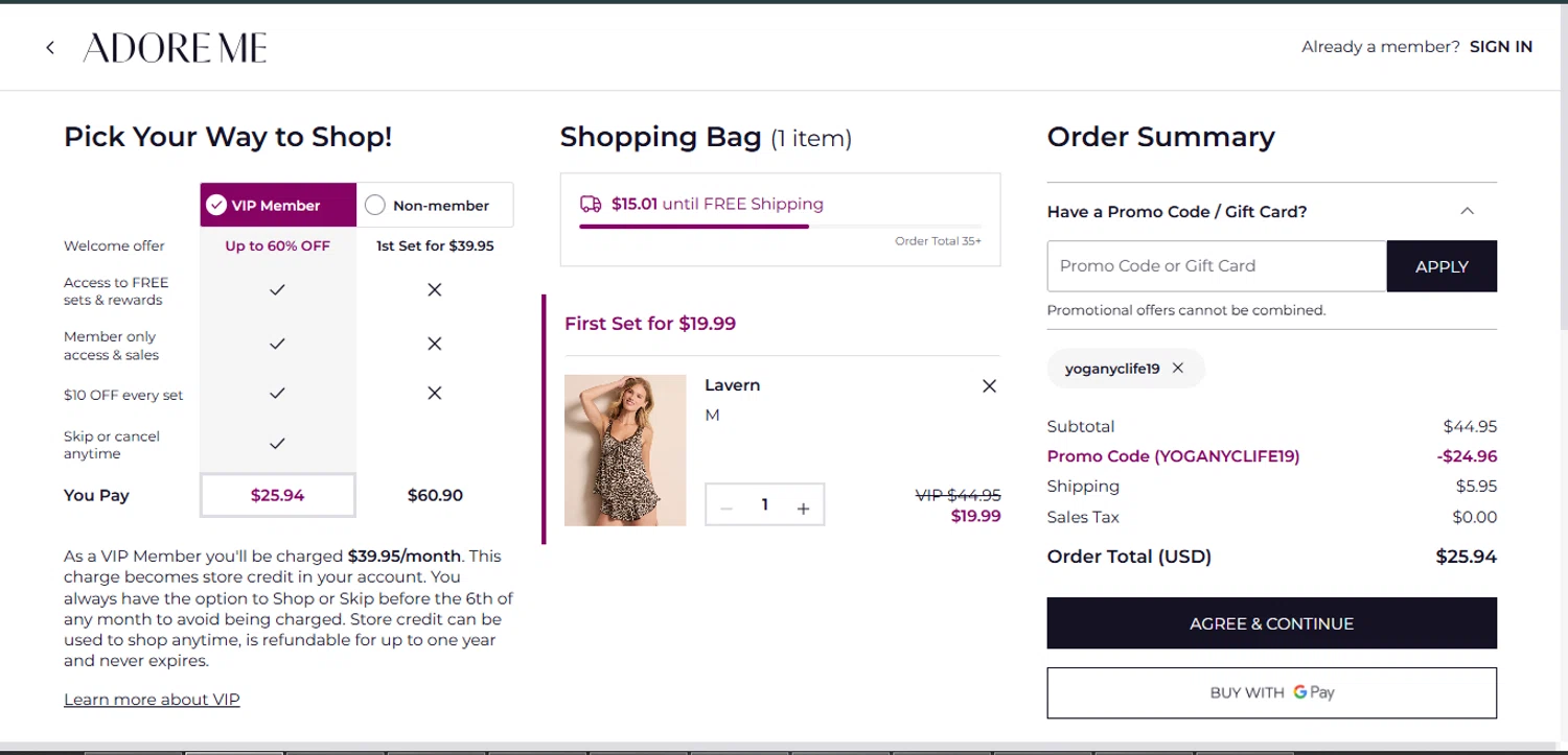 Adore Me promo code screenshot showing code yoganyclife19 applied at Adore Me checkout page. Uploaded by SimplyCodes community member BrilliantTitan7739 on Aug 17, 2025