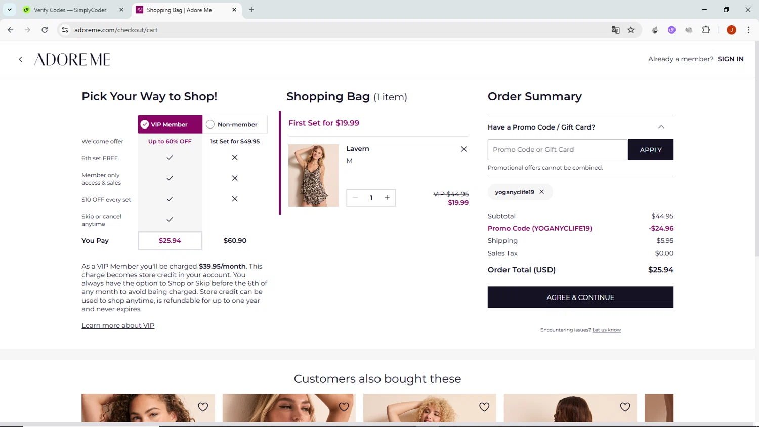 Adore Me promo code screenshot showing code yoganyclife19 applied at Adore Me checkout page. Uploaded by SimplyCodes community member NobleMaven802 on Aug 22, 2025