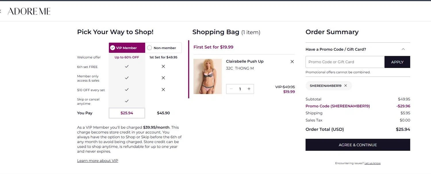 Adore Me promo code screenshot showing code SHEREENAMBER19 applied at Adore Me checkout page. Uploaded by SimplyCodes community member angelfigueroa2008 on Aug 21, 2025