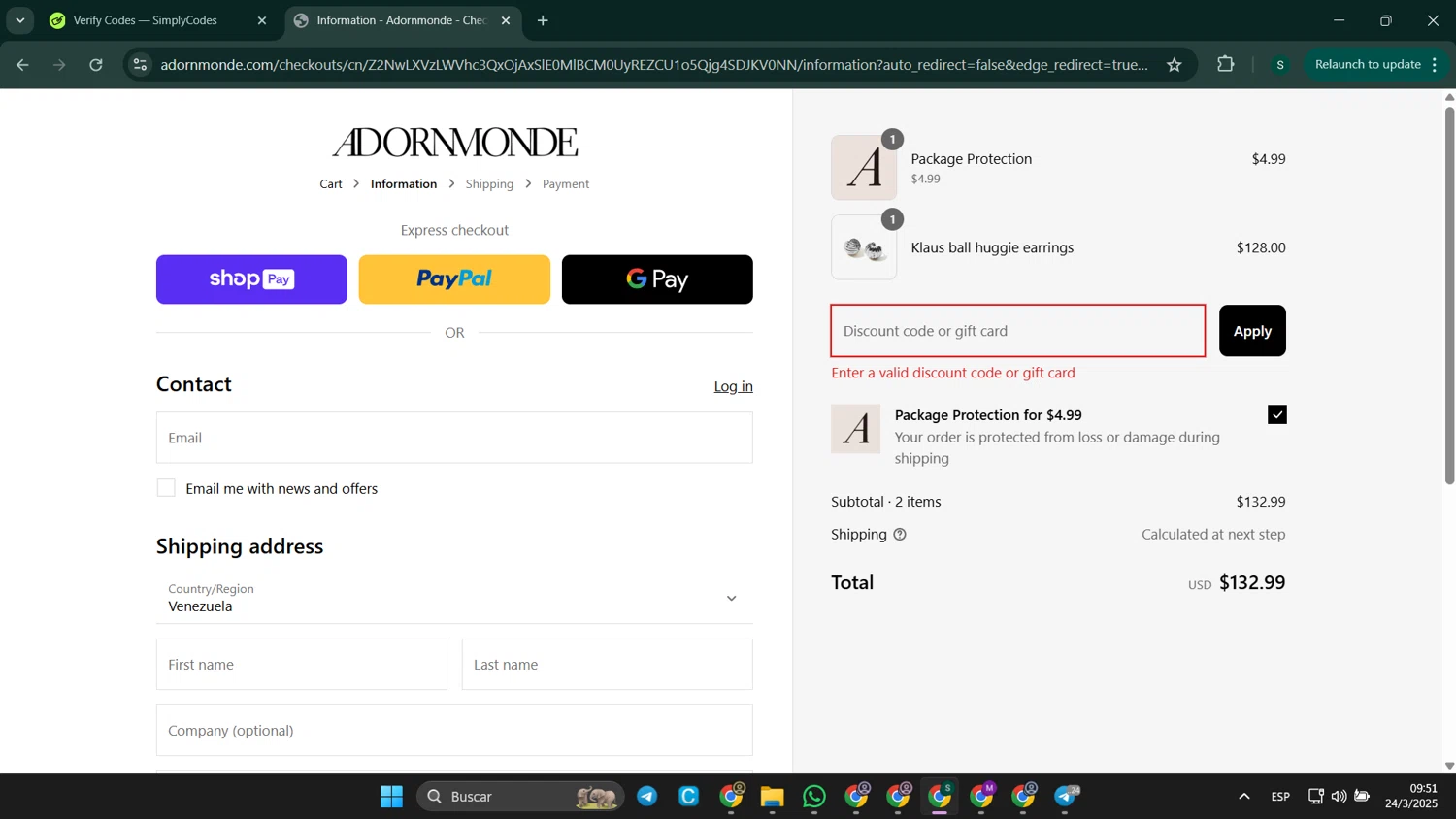 Adornmonde coupon code screenshot showing code FIRST15 applied at Adornmonde checkout page. Uploaded by SimplyCodes community member SaleHunter9008 on Mar 24, 2025