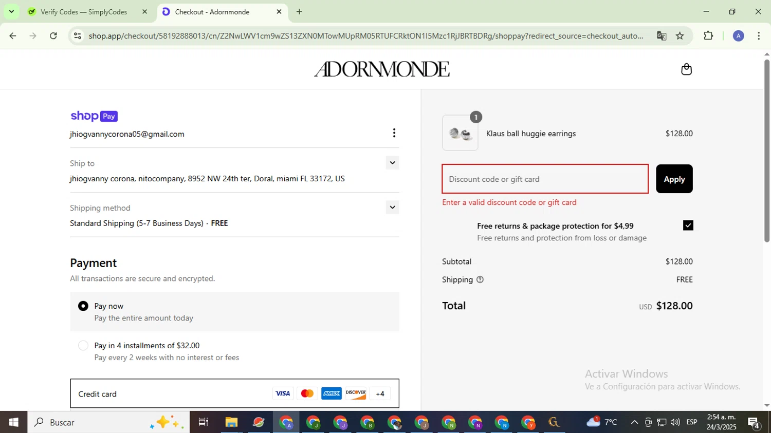 Adornmonde coupon code screenshot showing code FIRST15 applied at Adornmonde checkout page. Uploaded by SimplyCodes community member TreasureCaptain5531 on Mar 24, 2025