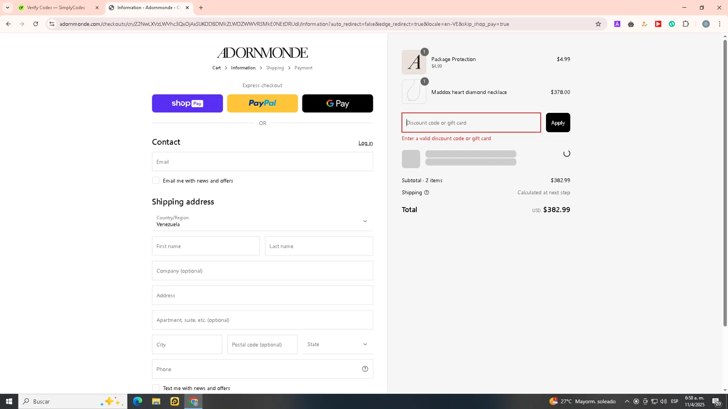 Adornmonde coupon code screenshot showing code THINKINGOFUS25 applied at Adornmonde checkout page. Uploaded by SimplyCodes community member ELChasis on Apr 11, 2025