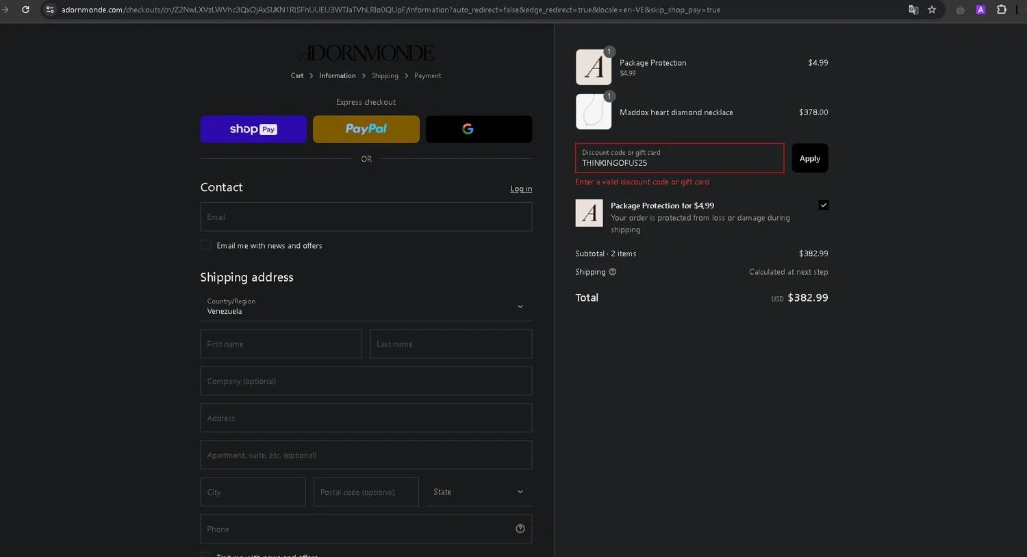Adornmonde coupon code screenshot showing code THINKINGOFUS25 applied at Adornmonde checkout page. Uploaded by SimplyCodes community member CashSage6731 on Apr 11, 2025