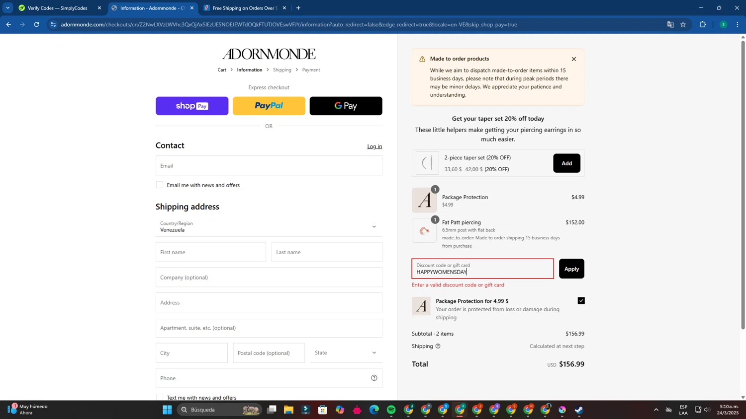 Adornmonde coupon code screenshot showing code HAPPYWOMENSDAY applied at Adornmonde checkout page. Uploaded by SimplyCodes community member FrugalExpert8809 on Mar 24, 2025