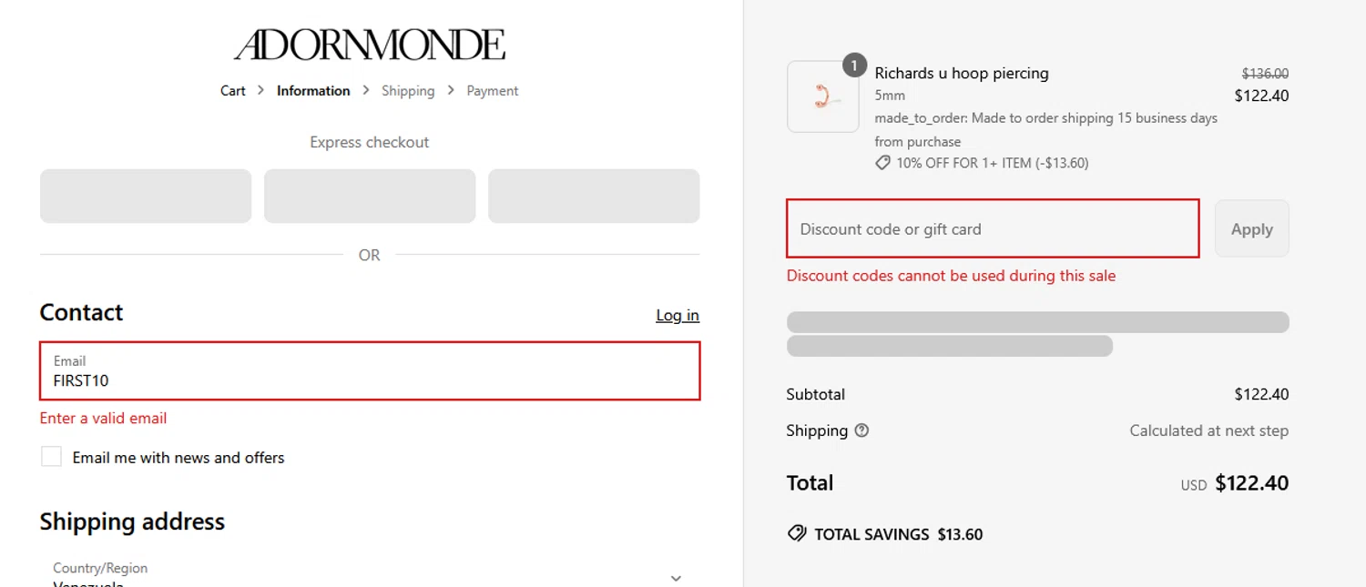 Adornmonde coupon code screenshot showing code FIRST10 applied at Adornmonde checkout page. Uploaded by SimplyCodes community member CRYSTALSUICINE on May 26, 2025