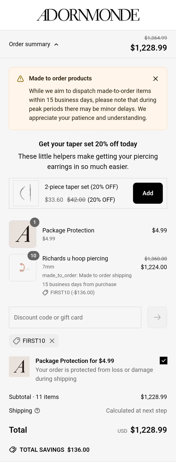 Adornmonde coupon code screenshot showing code FIRST10 applied at Adornmonde checkout page. Uploaded by SimplyCodes community member tulioriera on May 13, 2025