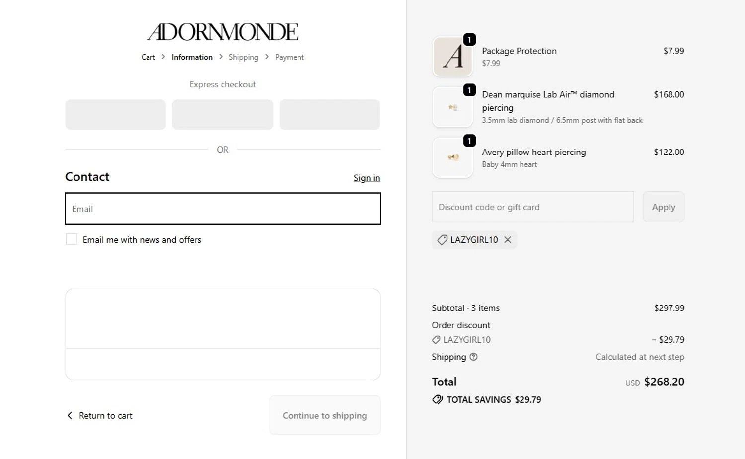 Adornmonde promo code screenshot showing code LAZYGIRL10 applied at Adornmonde checkout page. Uploaded by SimplyCodes community member angelfigueroa2008 on Jun 21, 2026