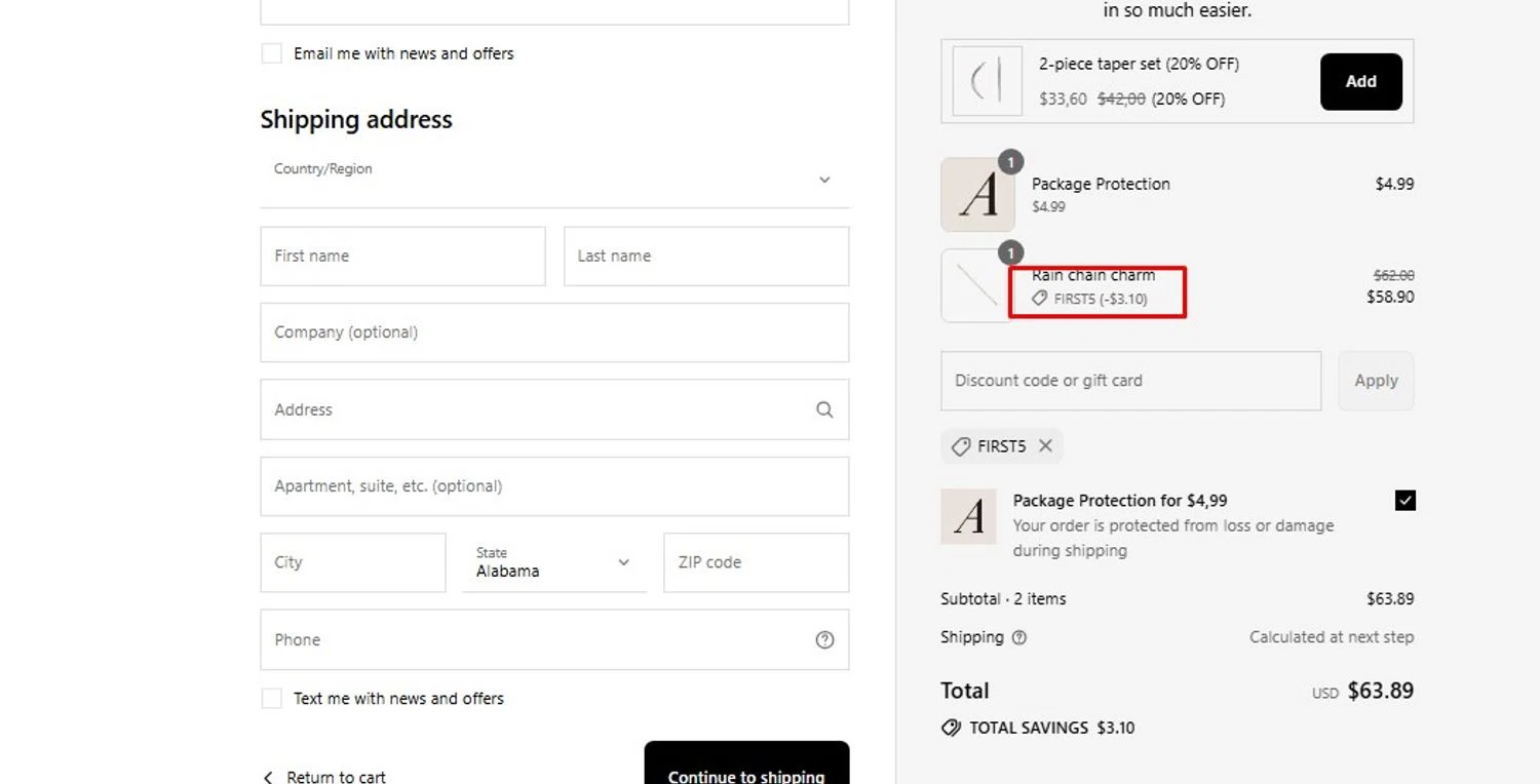 Adornmonde coupon code screenshot showing code FIRST5 applied at Adornmonde checkout page. Uploaded by SimplyCodes community member frankrivero on Jul 8, 2025