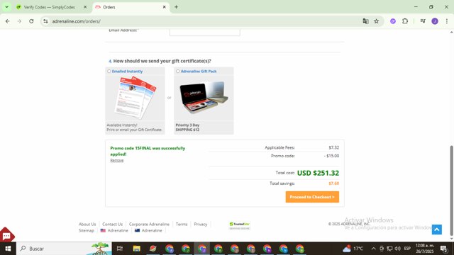 Adrenaline USA checkout page showing Adrenaline USA promo code box | Screenshot taken by SimplyCodes community member on Jul 26, 2025
