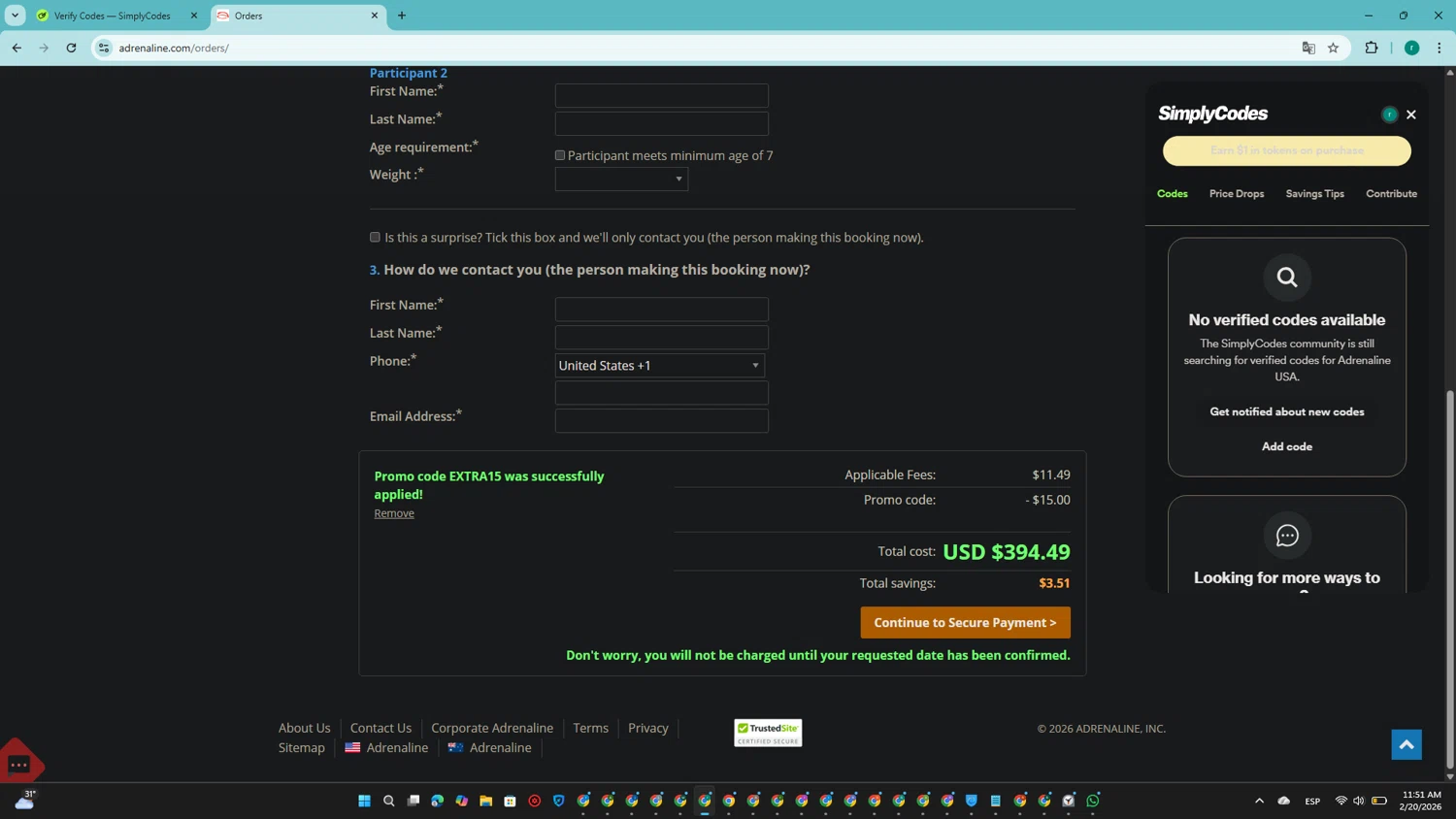 Adrenaline USA promo code screenshot showing code EXTRA15 applied at Adrenaline USA checkout page. Uploaded by SimplyCodes community member SavingsRanger5017 on Feb 20, 2026